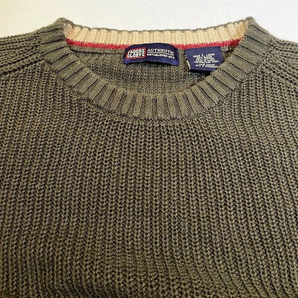 Faded Glory Mens Rib Knit Sweater Sz L Olive Green Crew Neck Raglan Ramie Cotton